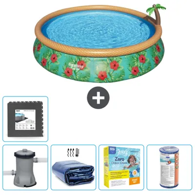 Imagen del producto de Piscina inflable redonda Bestway Fast Set – Diseño Paradise – 457 x 84 cm – Incluye bomba, toldo para el sol, kit de mantenimiento, filtro y placas para el fondo