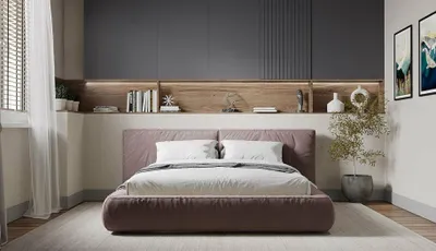 Immagine prodotto di Letto con materasso, stile moderno, color beige, morbido e confortevole, con cuscini