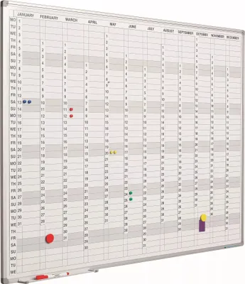 Image de Tableau blanc PRO Medina - Acier émaillé - Tableau blanc semainier - Planning mensuel - Planning annuel - Magnétique - Blanc - incl. bandes mensuelles/journalières/chiffres - Anglais - 60x90cm
