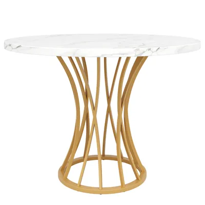 Immagine prodotto di okwish Runder Esstisch, tavolo da pranzo per 4-6 persone, piano in marmo MDF, gambe dorate, oro e bianco
