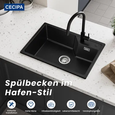 Produktbild von CECIPA Granitspüle & Küchenspüle 65 x 45 cm mit Abtropfkorb Quarzkomposit Einbauspüle Schwarz Hitzebeständig Kratzfest mit Siphon & Zubehör