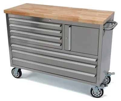 Produktbild von HBM Werkzeugwagen mit Holzarbeitsplatte – 122 cm – Edelstahl