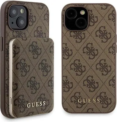 Produktbild von Guess Bundle Pack MagSafe 4G Metall Gold Logo - Etui Set + Power Bank 5000mAh MagSafe iPhone 15 (braun)