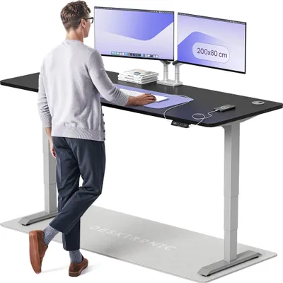 Image de Desktronic HomePro Bureau électrique réglable en hauteur 200x80cm gris/noir avec fonction mémoire, technologie anti-collision, ports de chargement USB-A et USB-C
