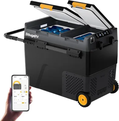 Image de Glacière à compresseur de 57 litres, avec double porte et compartiment congélateur, fonctionnant en 12/24 V et 230 V, idéale pour le camping et la voiture