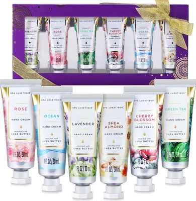Produktbild von Mini Handcreme Set 6tlg Feuchtigkeitsspendend mit Shea Butter Aloe Vera Vitamin E Violett 6 Düfte