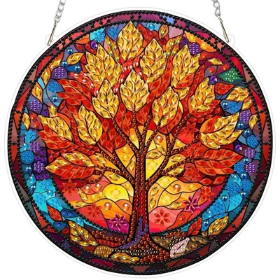 Obrázek produktu pro Sada pro tvorbu obrazu technikou "diamond painting" (malování krystaly) s motivem stromu života, 5D, vhodná pro dekoraci oken, jako slunko- a světlocit. Kreativní sada GSL035