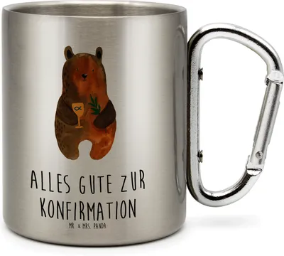Produktbild von Mr. & Mrs. Panda Trinkbecher Edelstahl Bär Konfirmation - Transparent - Geschenk, Gottesdienst, Karabiner Becher, Evangelisch, Thermobecher, Edelstahlbecher, Kirche
