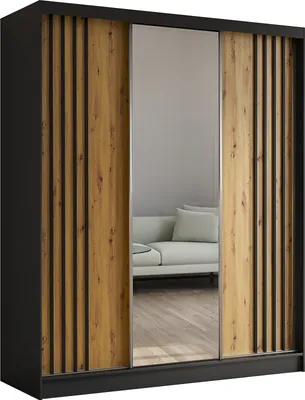 Produktbild von ALTDECOR Kleiderschrank mit Spiegel und Schiebetüren, kugelgelagerte Führungsschienen und Aluminium-Leisten - NALLA - 180 cm (Schwarz + Artisan + Schwarz)