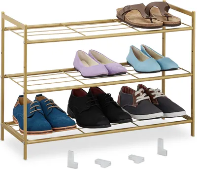 Produktbild von Relaxdays Metall Schuhregal, 3 Ebenen, erweiterbar, Flur Schuhgestell HBT 50 x 70 x 26 cm, 9 Paar Schuhe, offen, gold