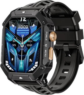 A close-up studio shot of a black smartwatch with a digital display showing various metrics.
