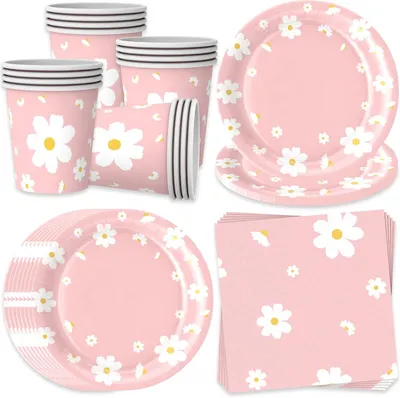 Image de Service de vaisselle pour fêtes, blanc et rose, 16 pièces, idéal pour les anniversaires d'enfants