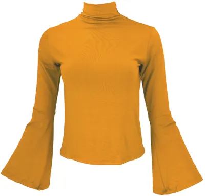 Produktbild von Schmales Langarmshirt mit Trompetenärmeln, Hohem Kragen - Safran, Damen, Gelb, Viskose,Elasthan, Pullover & Longsleeves