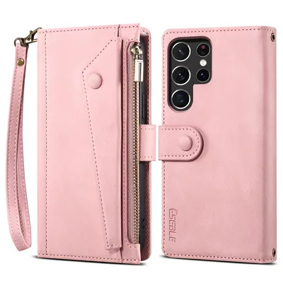 Immagine prodotto di Custodia protettiva per Samsung Galaxy S23 Custodia in pelle ultra con cerniera, portafoglio pieghevole con slot per schede, supporto e passante Rosa