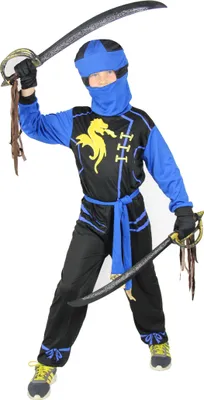 A child wearing a ninja costume and holding two swords.