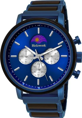 Produktbild von Holzwerk BARUTH Herren Edelstahl & Holz Chronograph Mondphase Uhr, blau, schwarz