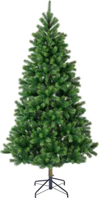 A full shot of a green artificial Christmas tree on a white background.