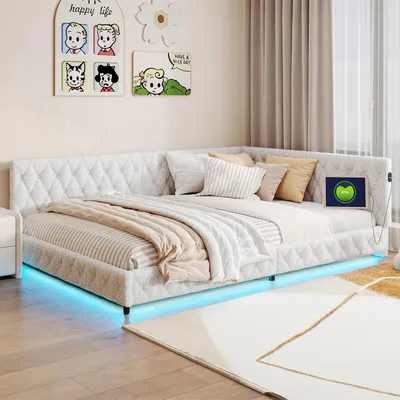 Immagine prodotto di Letto imbottito 140x200 cm, rivestito in tessuto effetto peluche, colore beige, con illuminazione LED e porte USB/Type-C