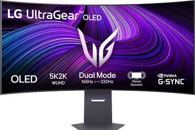 A curved LG UltraGear OLED monitor displaying a vibrant purple abstract background with product specifications and branding.