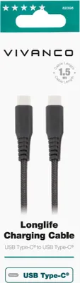 Produktbild von ViVanco™LongLife, 1,5 m, USB C, USB C, Schwarz