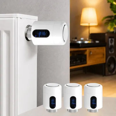 Obrázek produktu pro Eikuavons Chytrý termostat pro radiátory, WiFi, ovládání přes aplikaci, kompatibilní s platformami Smart Life/Tuya, 7 adaptérů, bílý, sada 3 kusů