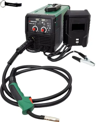 A welding machine with its accessories, including a welding mask, cables, and a keychain, is displayed against a white background.