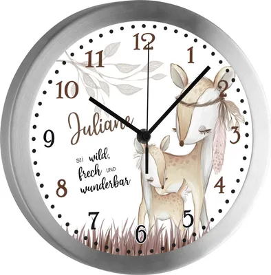 A close-up view of a wall clock with a deer illustration.