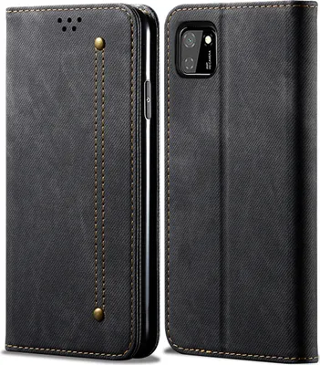 A black flip-style phone case for a Huawei Y5P is shown from the front and side.