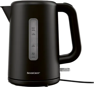A black electric kettle is shown against a white background.