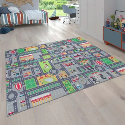 Image de Tapis de jeu Tapis pour enfants Tapis pour chambre d'enfant Tapis « Rue » avec motif voiture, gris Dimensions 80 x 150 cm