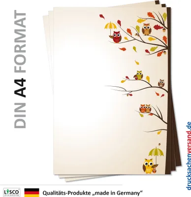 Produktbild von Motiv Briefpapier (Eulen-5139, DIN A4, 25 Blatt) Motivpapier Eulenpapier, gelbe braune Eulen mit Schirm im Winter sitzend auf Ästen auf einem Eichenbaum mit Herbstlaub