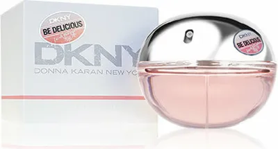 A DKNY Be Delicious Fresh Blossom eau de Parfum bottle and its packaging are displayed against a white background.