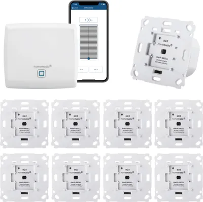 Produktbild von Homematic IP Rolladensteuerung für 11 Rolladen. Smart Home Set mit App zur Automatisierung der Rolläden. Ideal zur Nachrüstung. Alexa kompatibel. Inhalt: Access Point, 11 Funk Rolladenaktoren, Adapter.