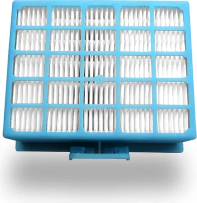 A close-up, angled view of a blue plastic air filter with multiple white pleated filter sections.