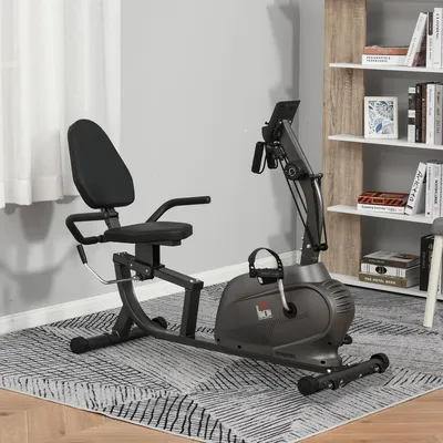 Produktbild von Liegeheimtrainer mit Magnetbremse & Riemenantrieb, Sitzheimtrainer bis 120kg, Heimtrainer Fahrrad mit Fitnessbändern, LCD-Display & Tablethalterung, Schwarz