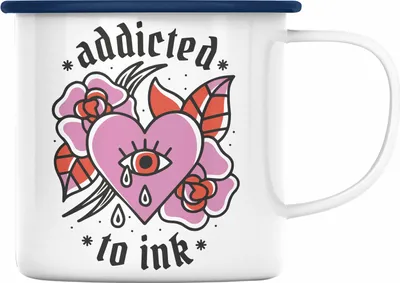 Produktbild von Trendation - Tätowiererin Geschenk Emaille Tasse Addicted To Ink Geschenkidee für Frau Mädchen Tattoo (Blau)