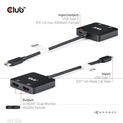 Produktbild von Club3D MST-Hub USB 3.2 Typ C > 2x HDMI 4K60Hz +100W PD St/Bu retail