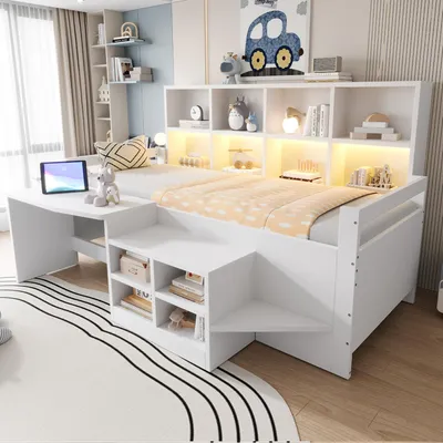Obrázek produktu pro Dětská postel 90x200 cm se stolem, úložnými prostory, LED osvětlením a zásuvkami, jednolůžko z masivního dřeva s úložnými přihrádkami, postel pro mládež, bílá