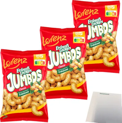 Produktbild von Lorenz Erdnußlocken Jumbos Classic XXL Erdnussflips Mais-Snack Erdnuss-Genuss 3er Pack (3x150g Packung) + usy Block