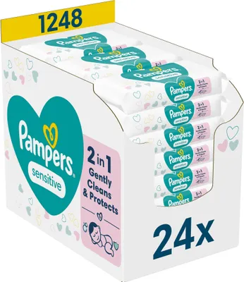A display box of Pampers Sensitive baby wipes.