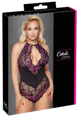 Obrázok produktu pre Cottelli Plus Size - body s kvetinovým vzorom - čierna/fialová - 2XL