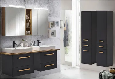 Produktbild von Badmöbel Set in anthrazit mit Eiche Landhaus DABO-04 mit Doppel-Waschtisch und LED-Spiegelschrank, B/H/T ca. 250/200/50