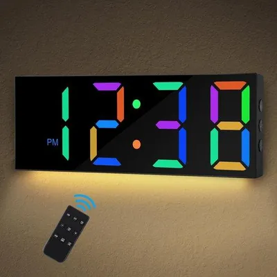 Produktbild von LED-Wanduhr, 12-Zoll digitale Wanduhr, LED-Wanduhr mit 8 farbigen Ziffern, Nachtschein, 5-Stunden-Modus & automatische Helligkeit, Fernbedienung, Wanduhr für Zuhause, Büro, Schule, Fitnessstudio, Garage