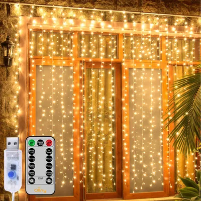 Produktbild von 3x3M LED Lichterkette Innen 8 Lichtmodi Lichtervorhang USB mit Fernbedienung für Wand Hochzeit Geburtstag Party Weihnachten Deco, Warmweiß