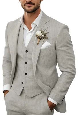 Produktbild von 3-teiliges Herren-Anzug-Set aus Leinen, lässig, leicht, Blazer, Jacken, Westen,