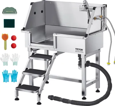 Produktbild von VEVOR Hundewaschstation aus Edelstahl, 870x488x1025 mm Tierpflegewanne mit Ablagetreppe, Wasserhahn, Duschkopf & Seifenhalter, Hundebadewanne, für mittelgroße & kleine Haustiere (linke Tür)