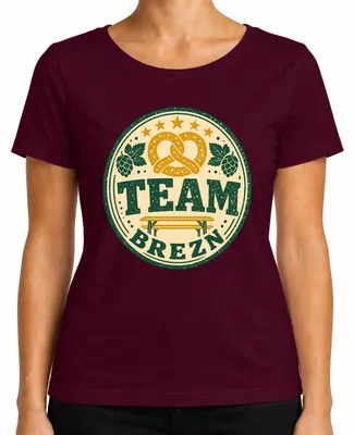 Imagen del producto de Camiseta del equipo Brezn para la , con motivos bávaros. Incluye: pretzel, traje tradicional, pantalones de cuero. Camiseta para mujer, color burdeos, talla M