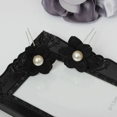 Produktbild von 2 Große Blumen Haarnadel mit Perlen Braut Kommunion Hochzeit Hairpin Schwarz