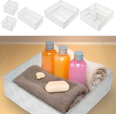Produktbild von Aufbewahrungskorb 4er Set weiß 3 Größen Korb Aufbewahrungsbox Rattan-Design Allzweckkiste Ordnungsbox
