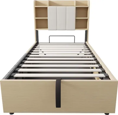 Produktbild von Flieks Jugendbett 90x200cm mit Stauraumkopfteil, Stauraumbett Klassisches Bett mit Lattenrost, Holzbett Einzelbett Boxspringbett, Naturbelassen